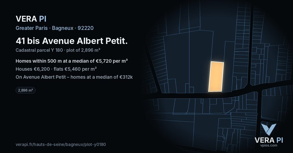41 bis Avenue Albert Petit, Bagneux at night – the plot lit, the parcels around coloured by the prices near them