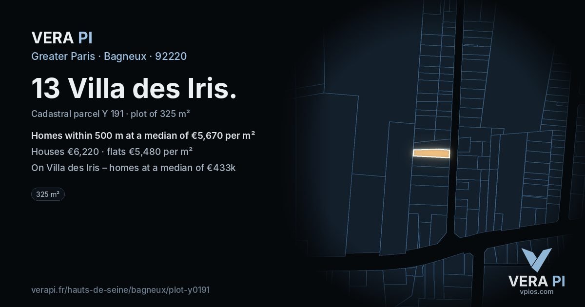 13 Villa des Iris, Bagneux at night – the plot lit, the parcels around coloured by the prices near them
