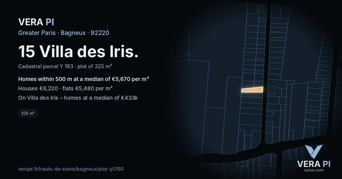 15 Villa des Iris, Bagneux at night – the plot lit, the parcels around coloured by the prices near them