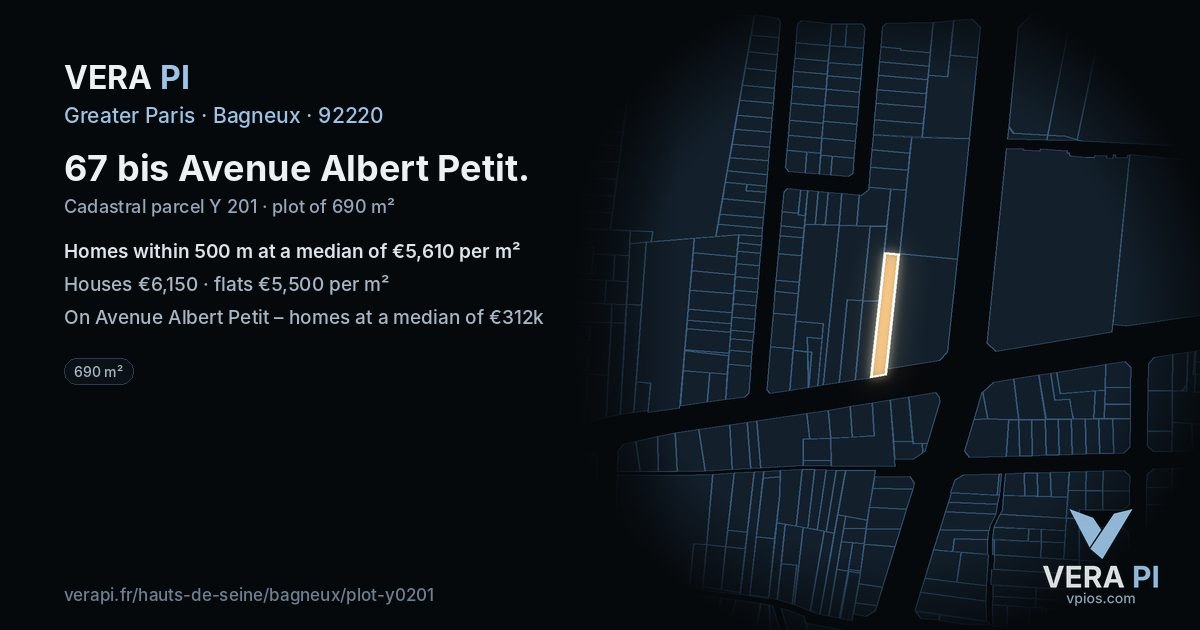 67 bis Avenue Albert Petit, Bagneux at night – the plot lit, the parcels around coloured by the prices near them