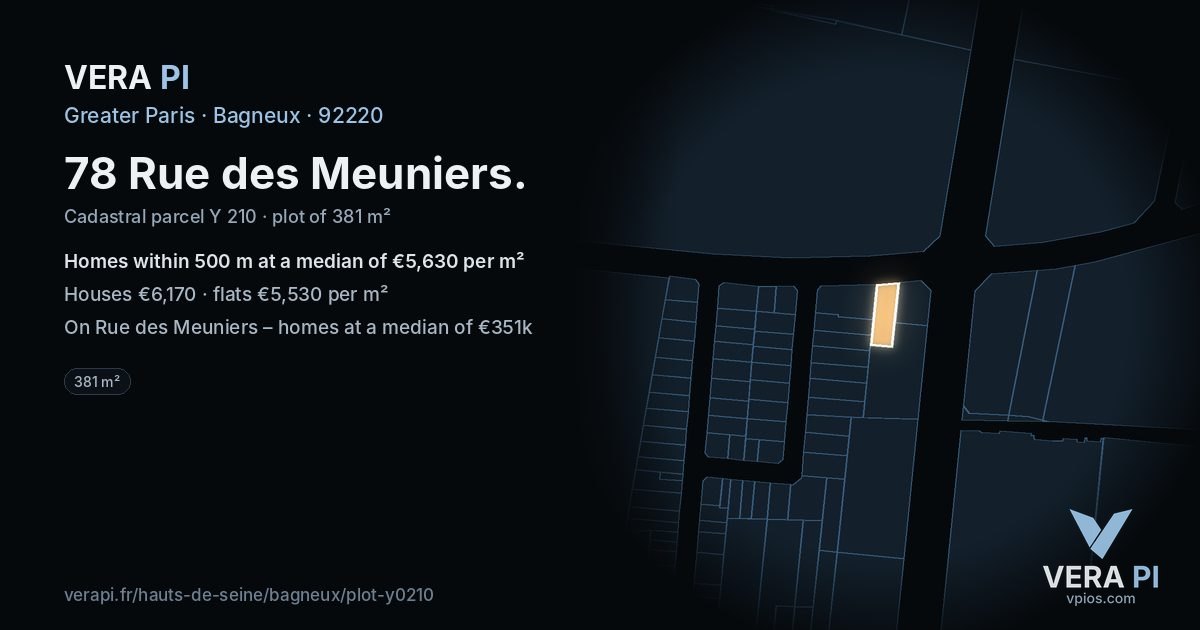 78 Rue des Meuniers, Bagneux at night – the plot lit, the parcels around coloured by the prices near them