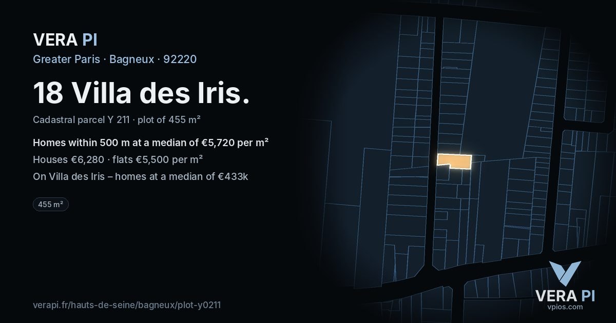 18 Villa des Iris, Bagneux at night – the plot lit, the parcels around coloured by the prices near them