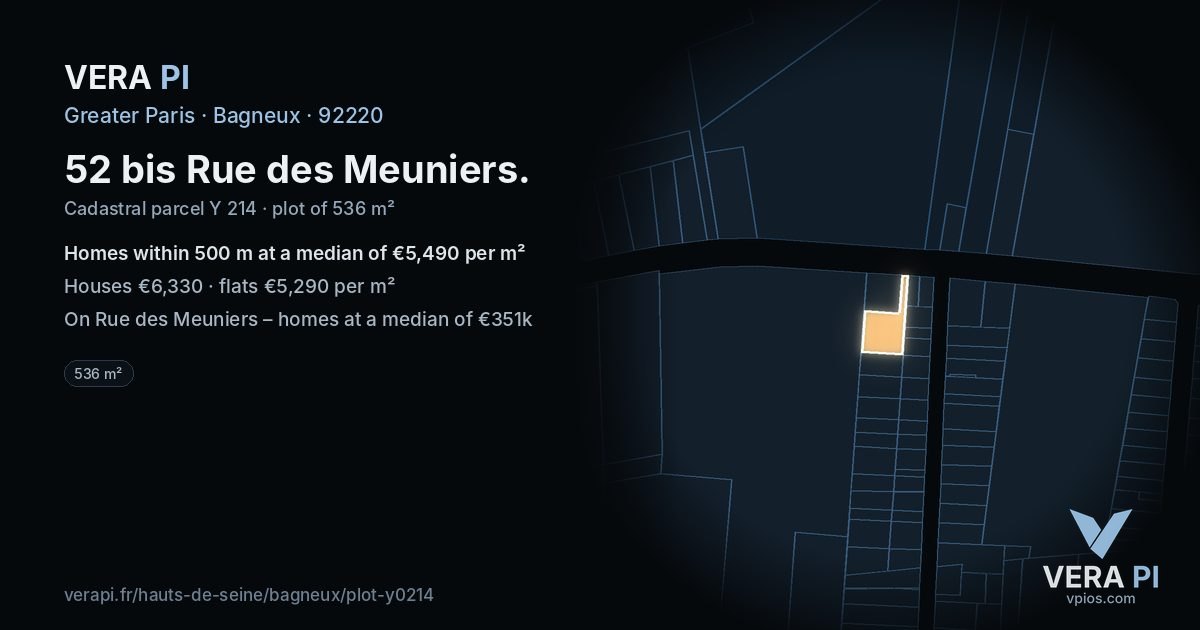 52 bis Rue des Meuniers, Bagneux at night – the plot lit, the parcels around coloured by the prices near them