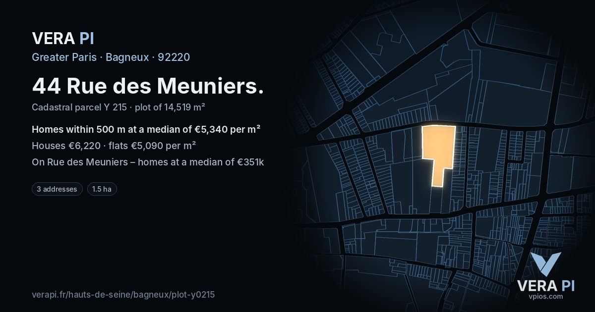 44 Rue des Meuniers, Bagneux at night – the plot lit, the parcels around coloured by the prices near them