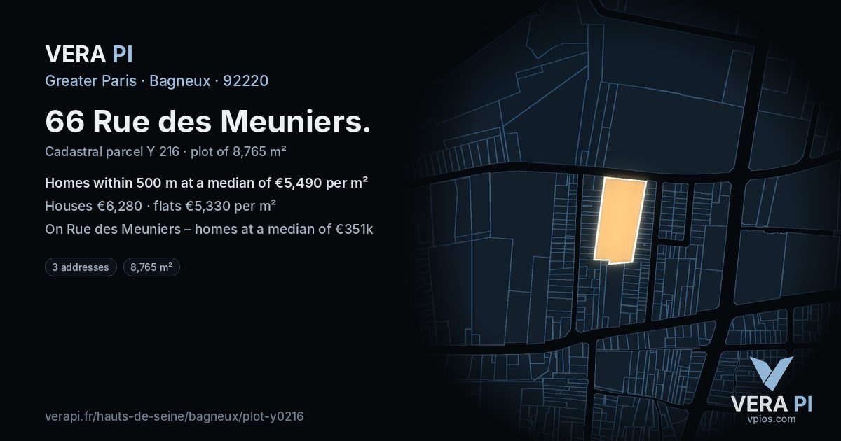 66 Rue des Meuniers, Bagneux at night – the plot lit, the parcels around coloured by the prices near them
