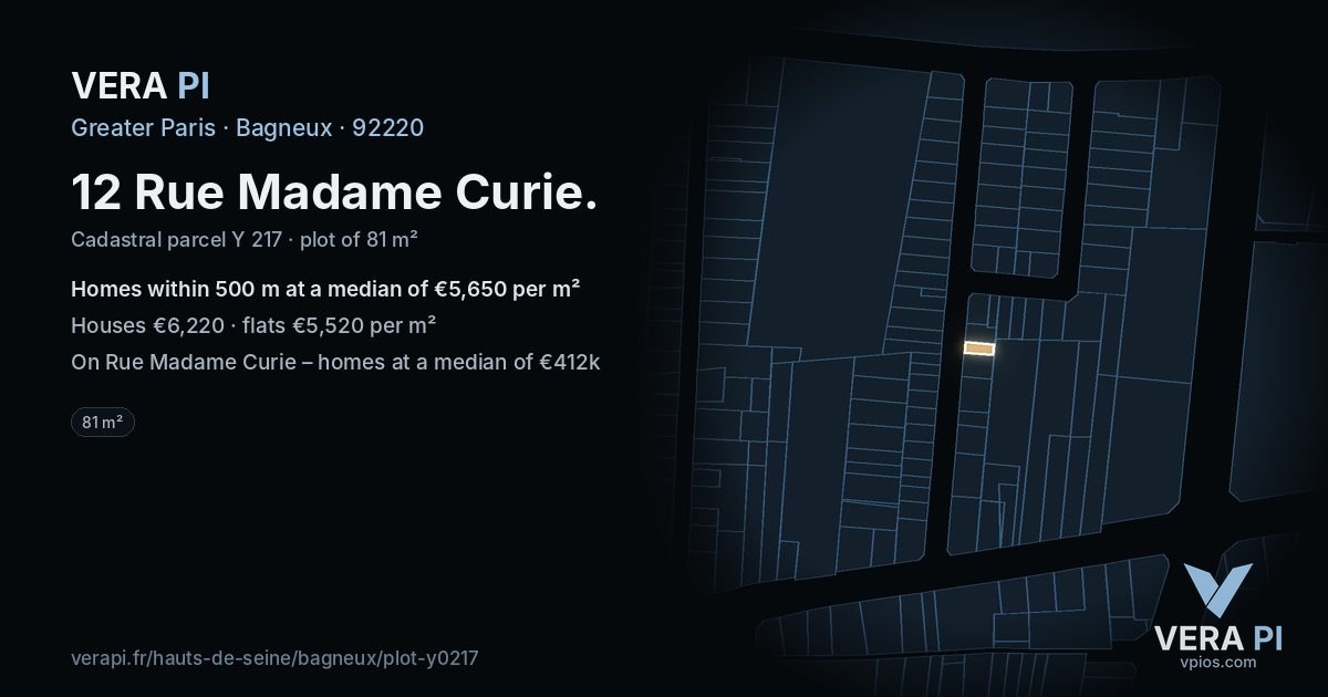 12 Rue Madame Curie, Bagneux at night – the plot lit, the parcels around coloured by the prices near them