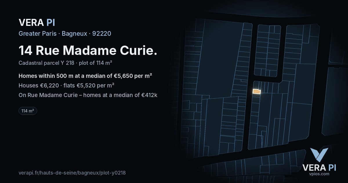 14 Rue Madame Curie, Bagneux at night – the plot lit, the parcels around coloured by the prices near them