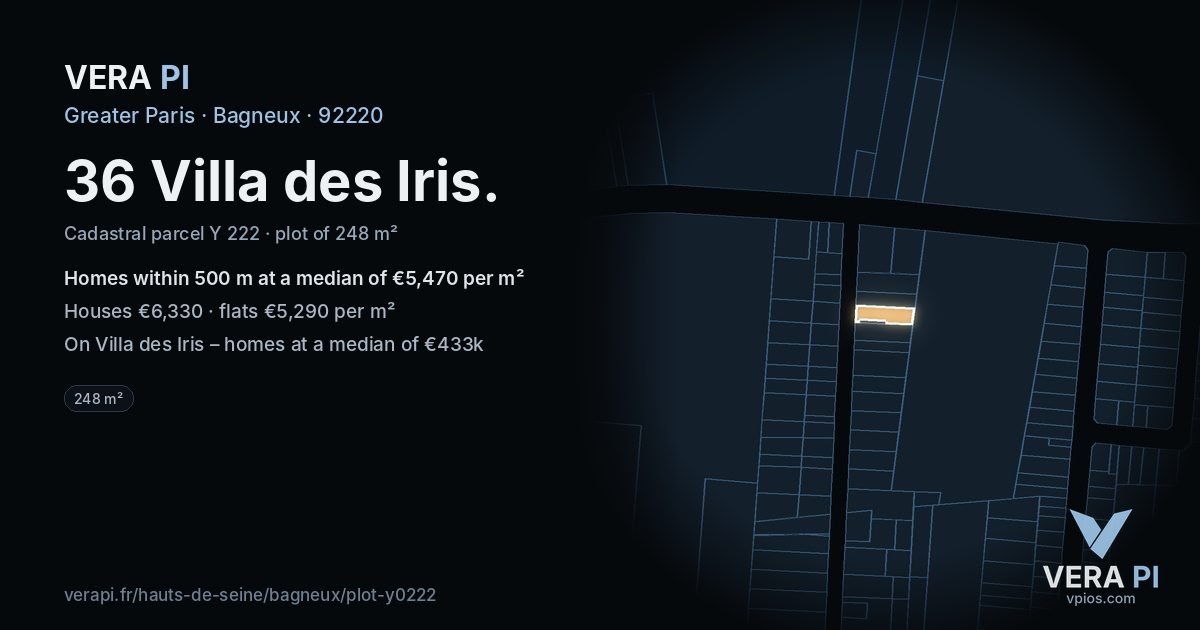 36 Villa des Iris, Bagneux at night – the plot lit, the parcels around coloured by the prices near them