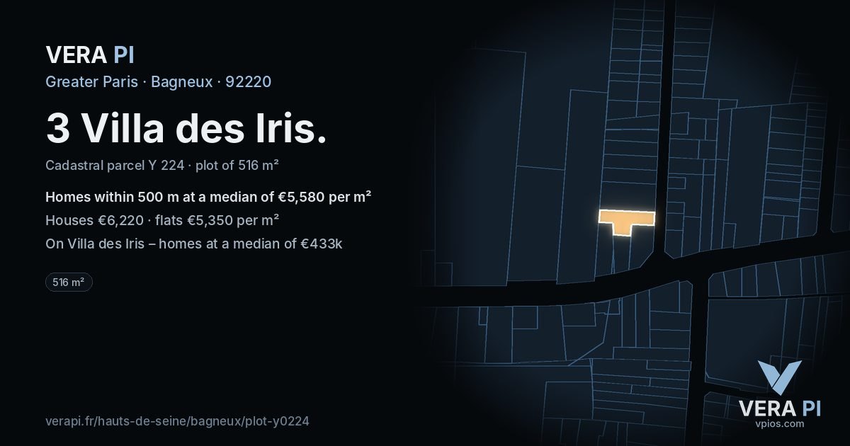 3 Villa des Iris, Bagneux at night – the plot lit, the parcels around coloured by the prices near them