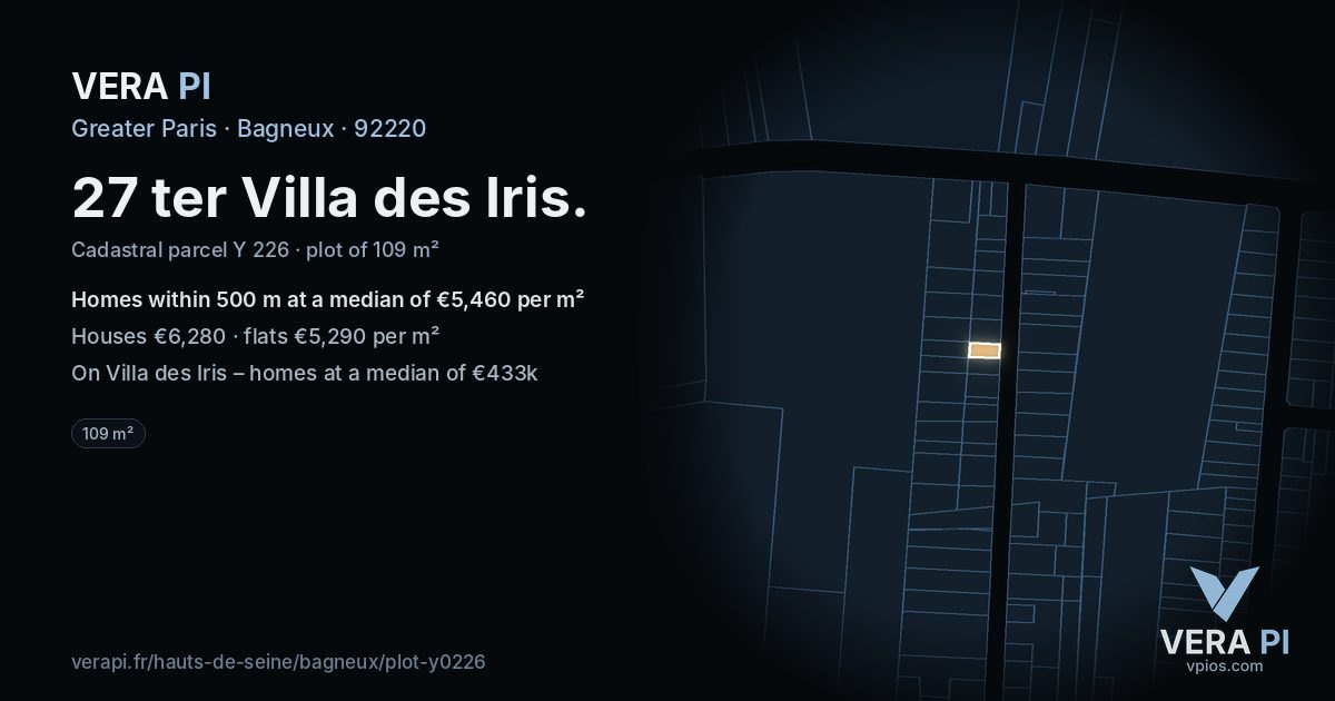 27 ter Villa des Iris, Bagneux at night – the plot lit, the parcels around coloured by the prices near them