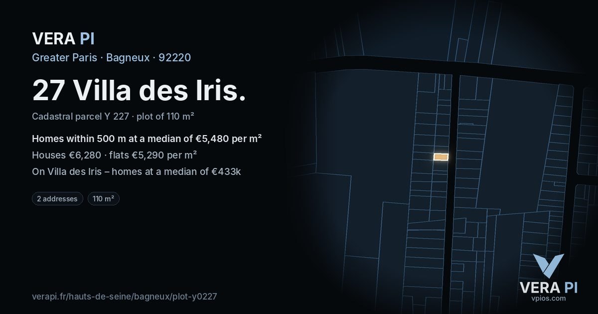 27 Villa des Iris, Bagneux at night – the plot lit, the parcels around coloured by the prices near them