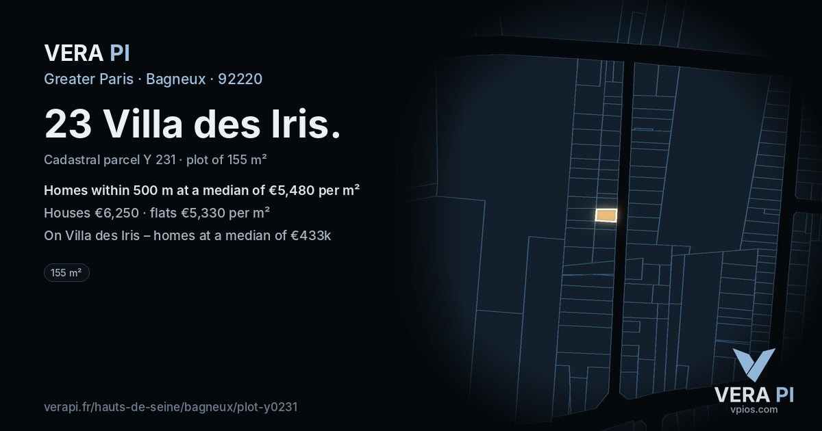 23 Villa des Iris, Bagneux at night – the plot lit, the parcels around coloured by the prices near them