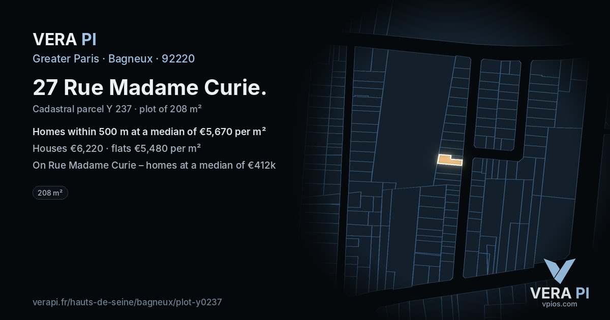 27 Rue Madame Curie, Bagneux at night – the plot lit, the parcels around coloured by the prices near them