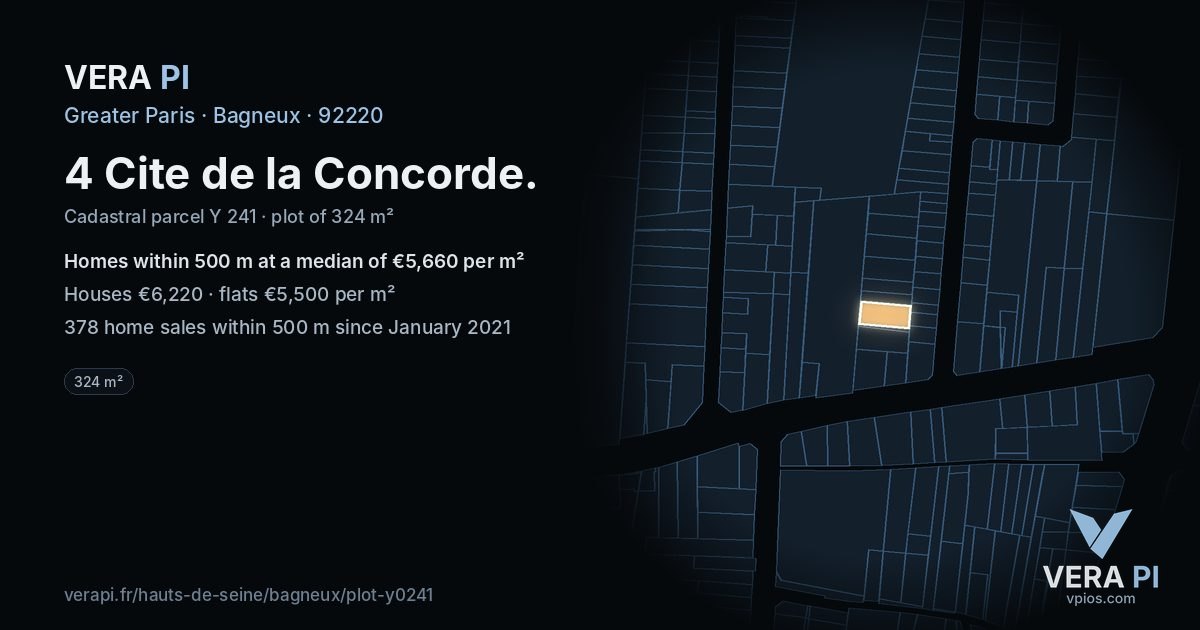 4 Cite de la Concorde, Bagneux at night – the plot lit, the parcels around coloured by the prices near them