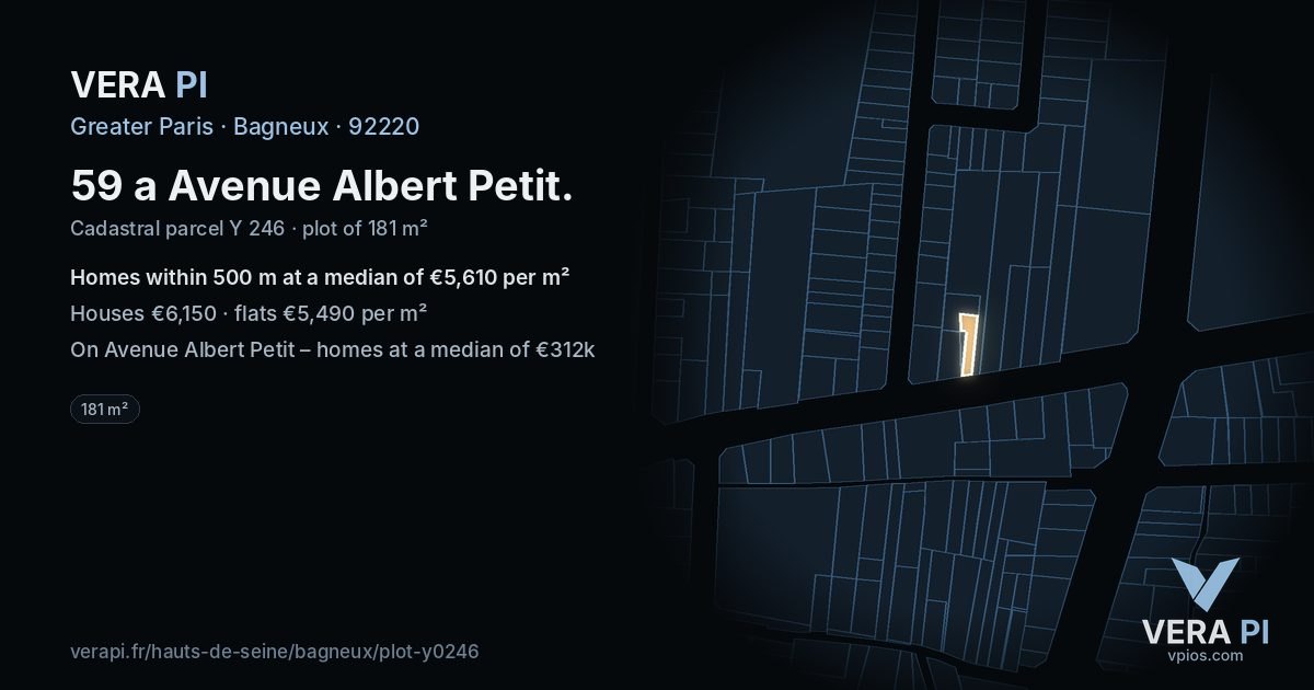 59 a Avenue Albert Petit, Bagneux at night – the plot lit, the parcels around coloured by the prices near them