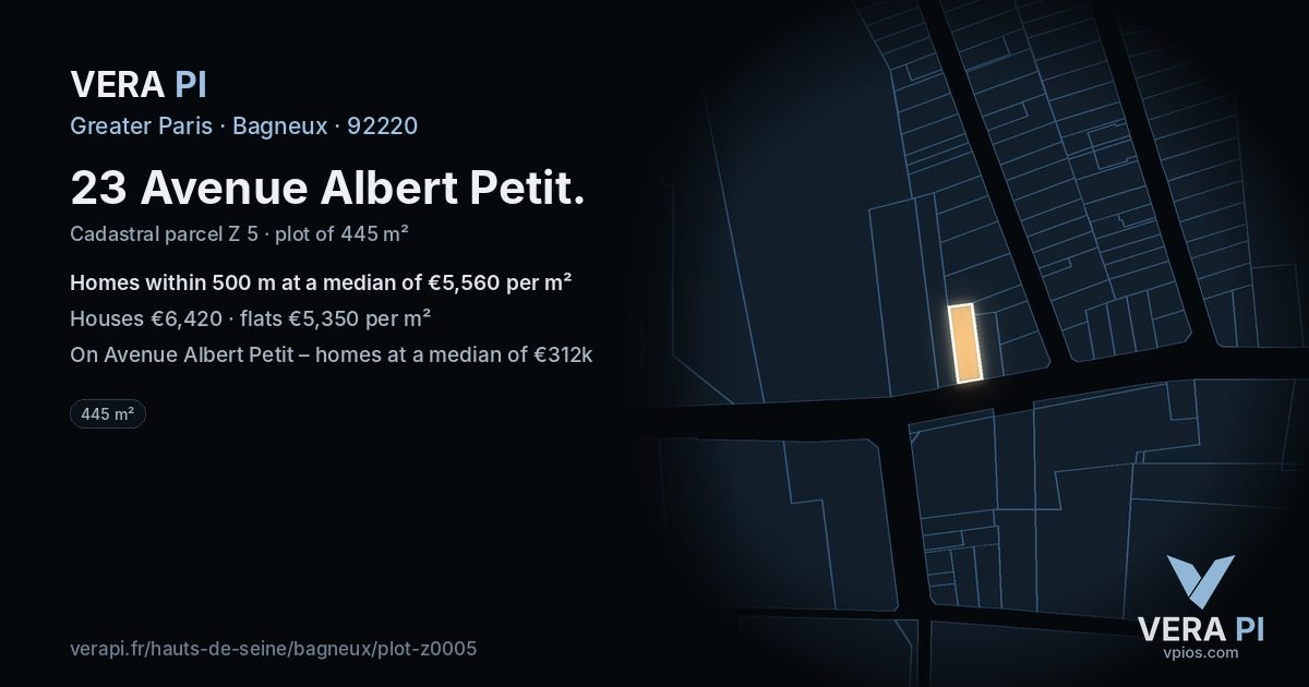 23 Avenue Albert Petit, Bagneux at night – the plot lit, the parcels around coloured by the prices near them
