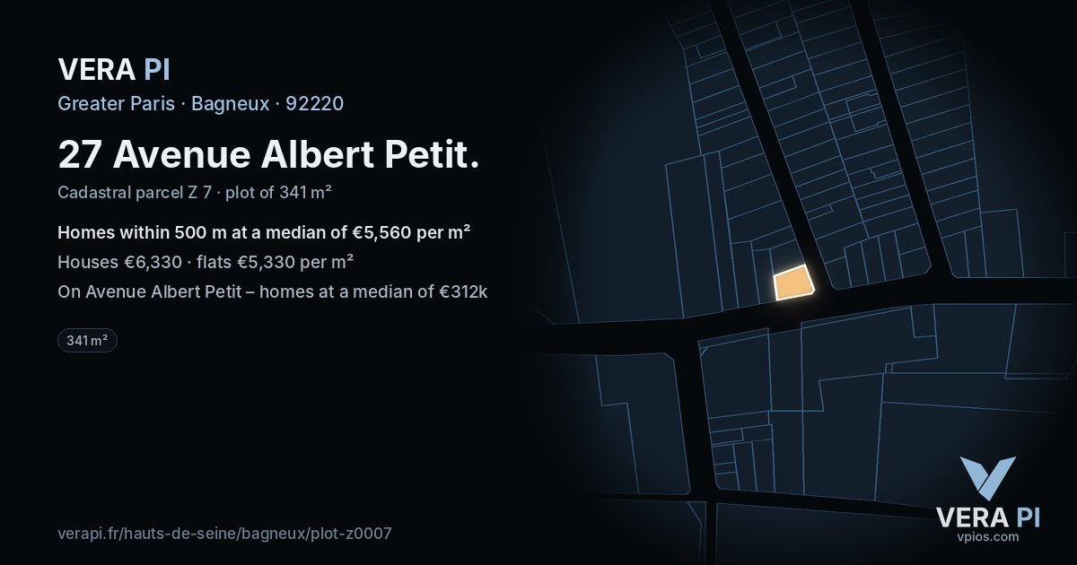 27 Avenue Albert Petit, Bagneux at night – the plot lit, the parcels around coloured by the prices near them