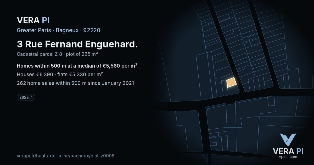 3 Rue Fernand Enguehard, Bagneux at night – the plot lit, the parcels around coloured by the prices near them