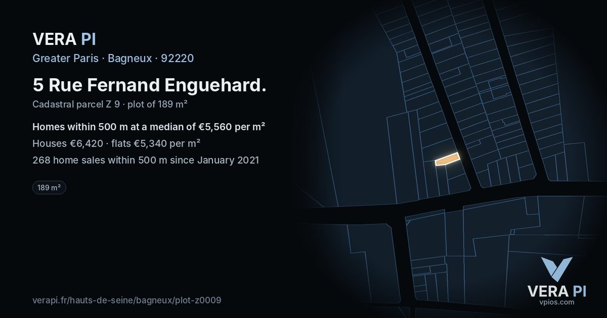 5 Rue Fernand Enguehard, Bagneux at night – the plot lit, the parcels around coloured by the prices near them