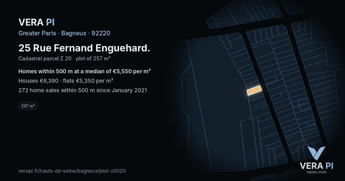 25 Rue Fernand Enguehard, Bagneux at night – the plot lit, the parcels around coloured by the prices near them