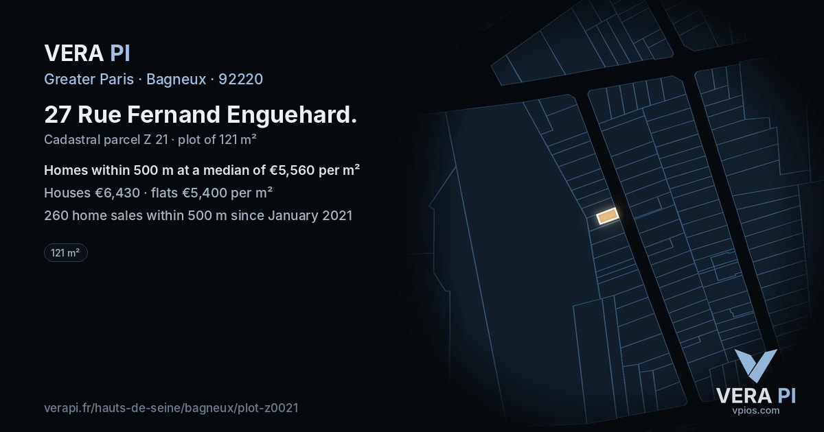 27 Rue Fernand Enguehard, Bagneux at night – the plot lit, the parcels around coloured by the prices near them