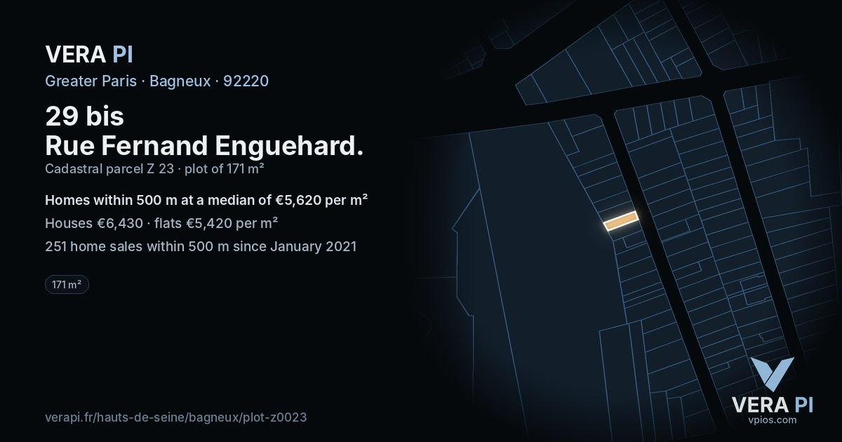 29 bis Rue Fernand Enguehard, Bagneux at night – the plot lit, the parcels around coloured by the prices near them