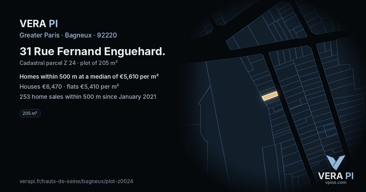 31 Rue Fernand Enguehard, Bagneux at night – the plot lit, the parcels around coloured by the prices near them
