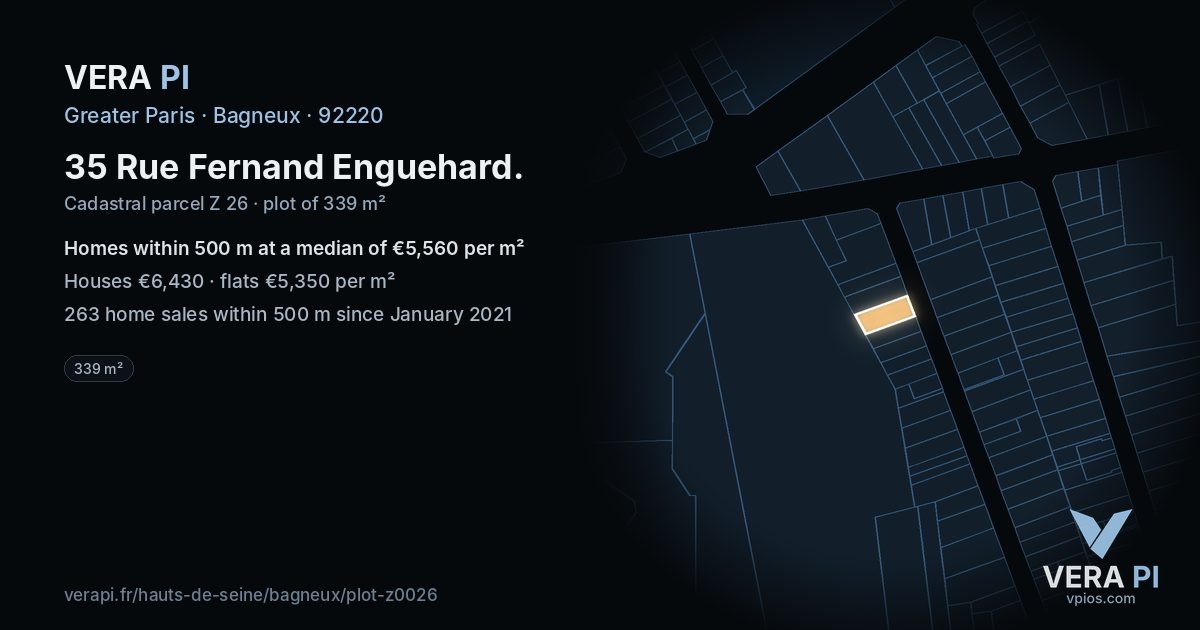 35 Rue Fernand Enguehard, Bagneux at night – the plot lit, the parcels around coloured by the prices near them