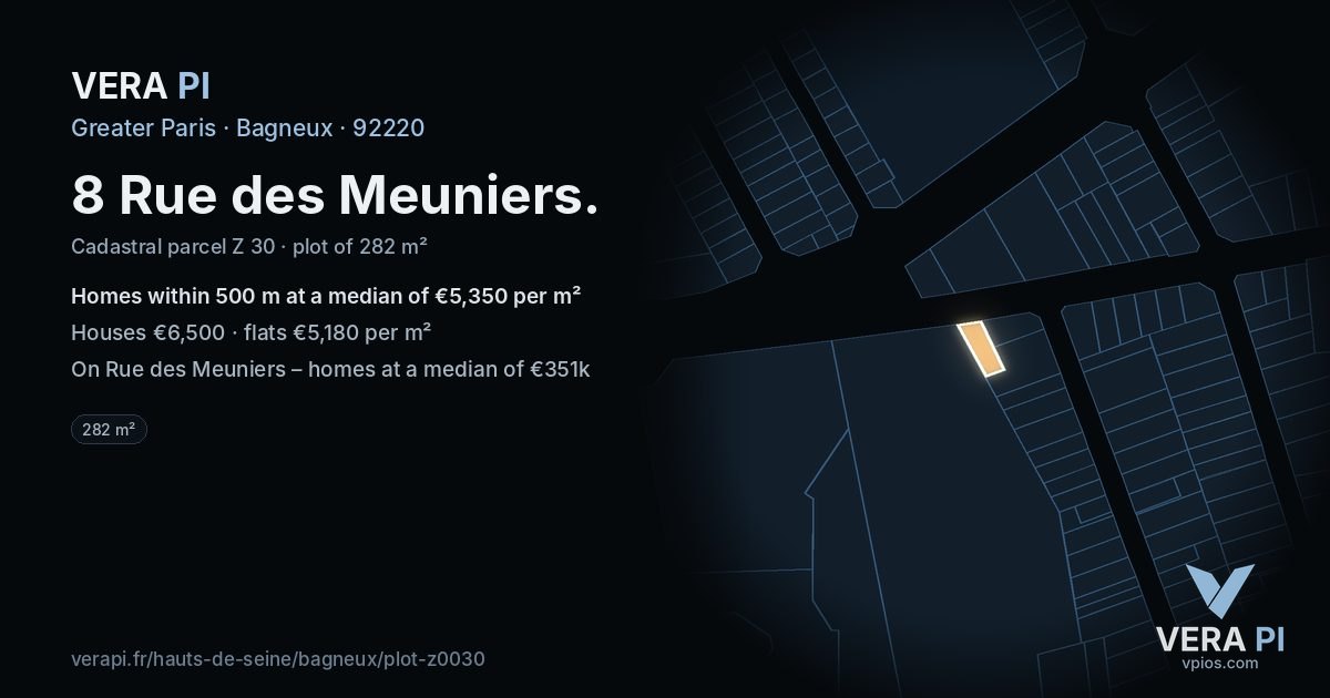 8 Rue des Meuniers, Bagneux at night – the plot lit, the parcels around coloured by the prices near them