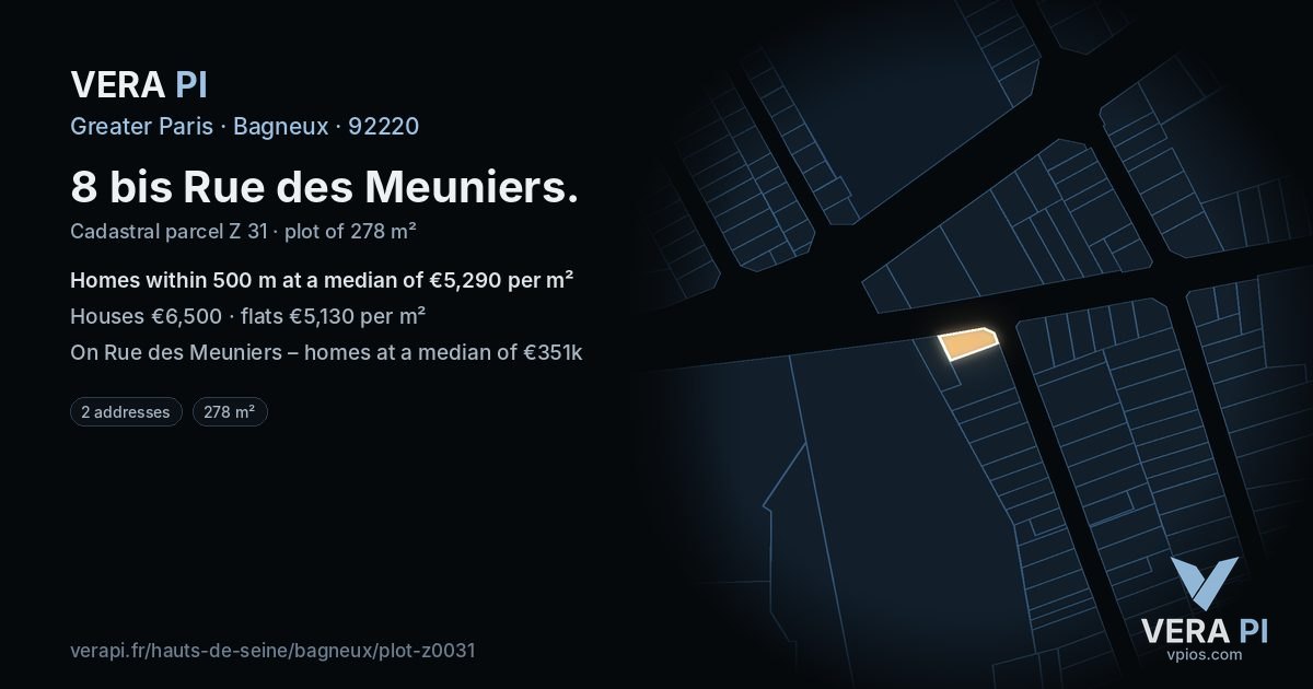 8 bis Rue des Meuniers, Bagneux at night – the plot lit, the parcels around coloured by the prices near them