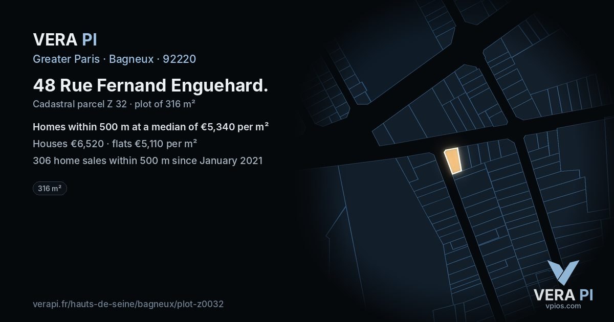 48 Rue Fernand Enguehard, Bagneux at night – the plot lit, the parcels around coloured by the prices near them