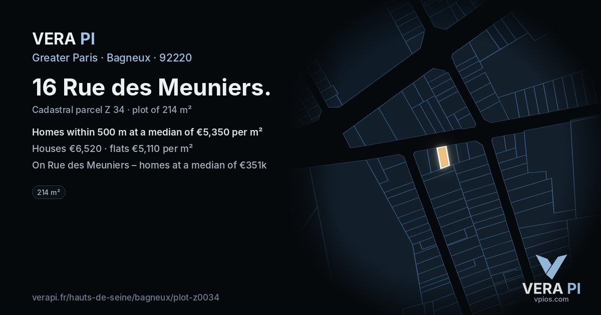 16 Rue des Meuniers, Bagneux at night – the plot lit, the parcels around coloured by the prices near them