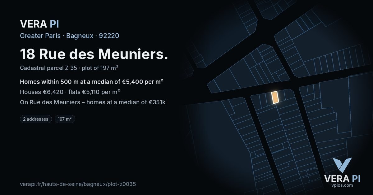 18 Rue des Meuniers, Bagneux at night – the plot lit, the parcels around coloured by the prices near them