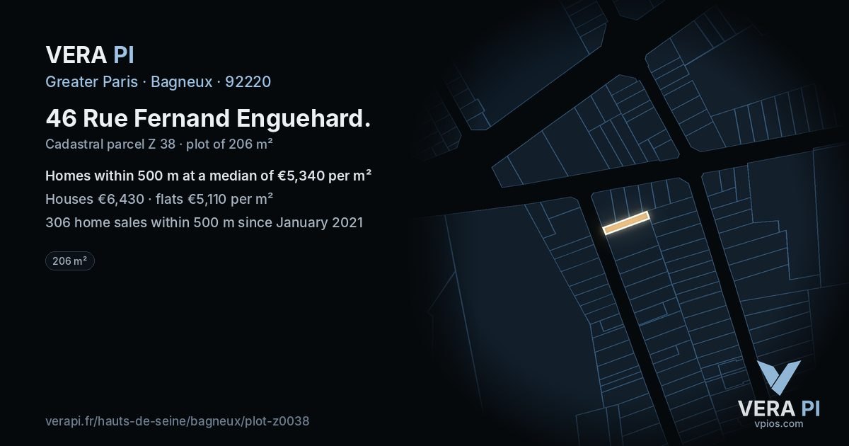 46 Rue Fernand Enguehard, Bagneux at night – the plot lit, the parcels around coloured by the prices near them