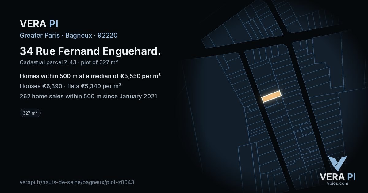 34 Rue Fernand Enguehard, Bagneux at night – the plot lit, the parcels around coloured by the prices near them