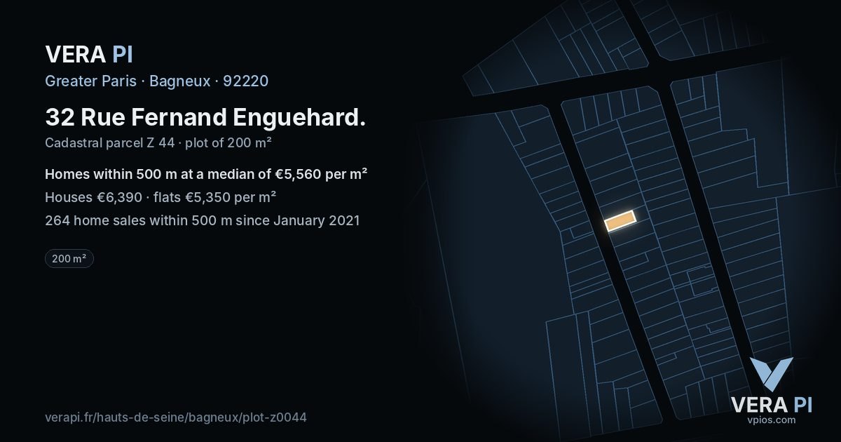32 Rue Fernand Enguehard, Bagneux at night – the plot lit, the parcels around coloured by the prices near them