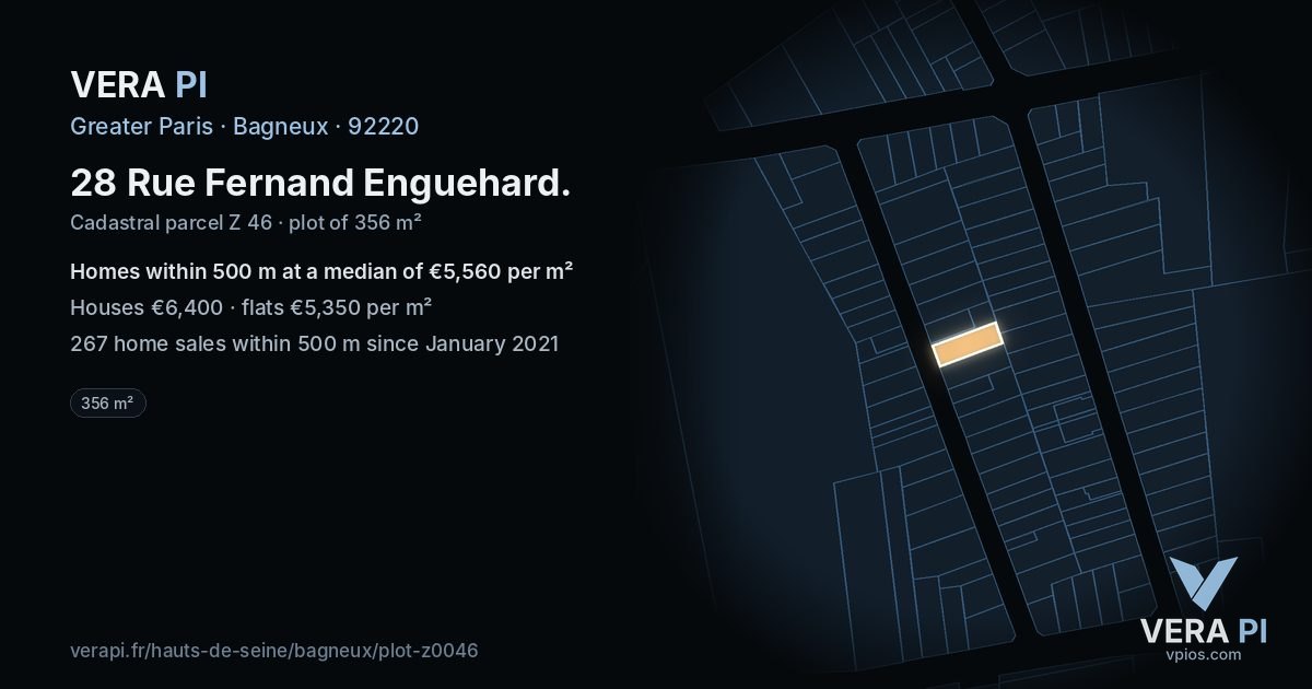 28 Rue Fernand Enguehard, Bagneux at night – the plot lit, the parcels around coloured by the prices near them