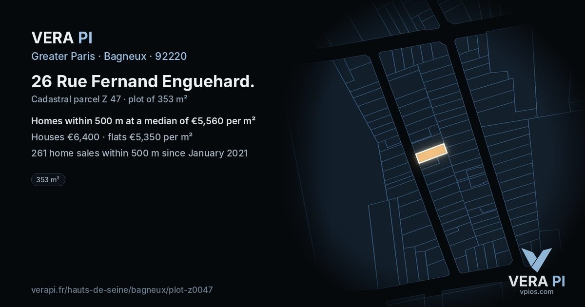 26 Rue Fernand Enguehard, Bagneux at night – the plot lit, the parcels around coloured by the prices near them