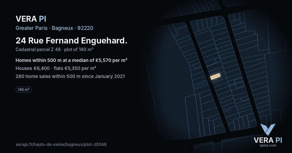 24 Rue Fernand Enguehard, Bagneux at night – the plot lit, the parcels around coloured by the prices near them