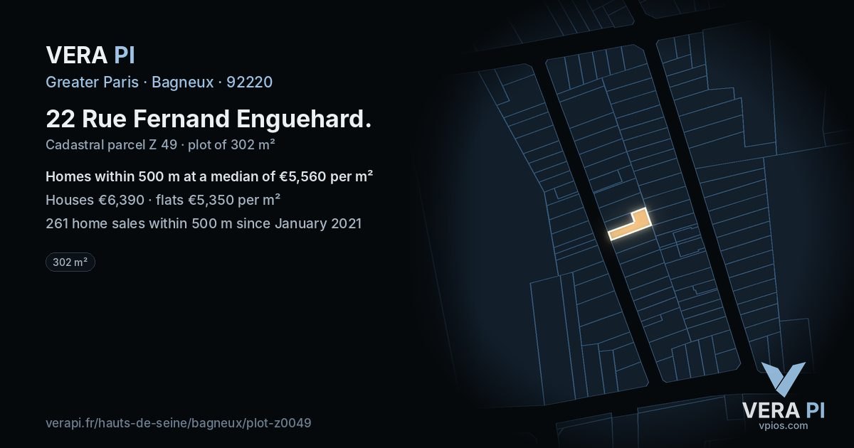22 Rue Fernand Enguehard, Bagneux at night – the plot lit, the parcels around coloured by the prices near them