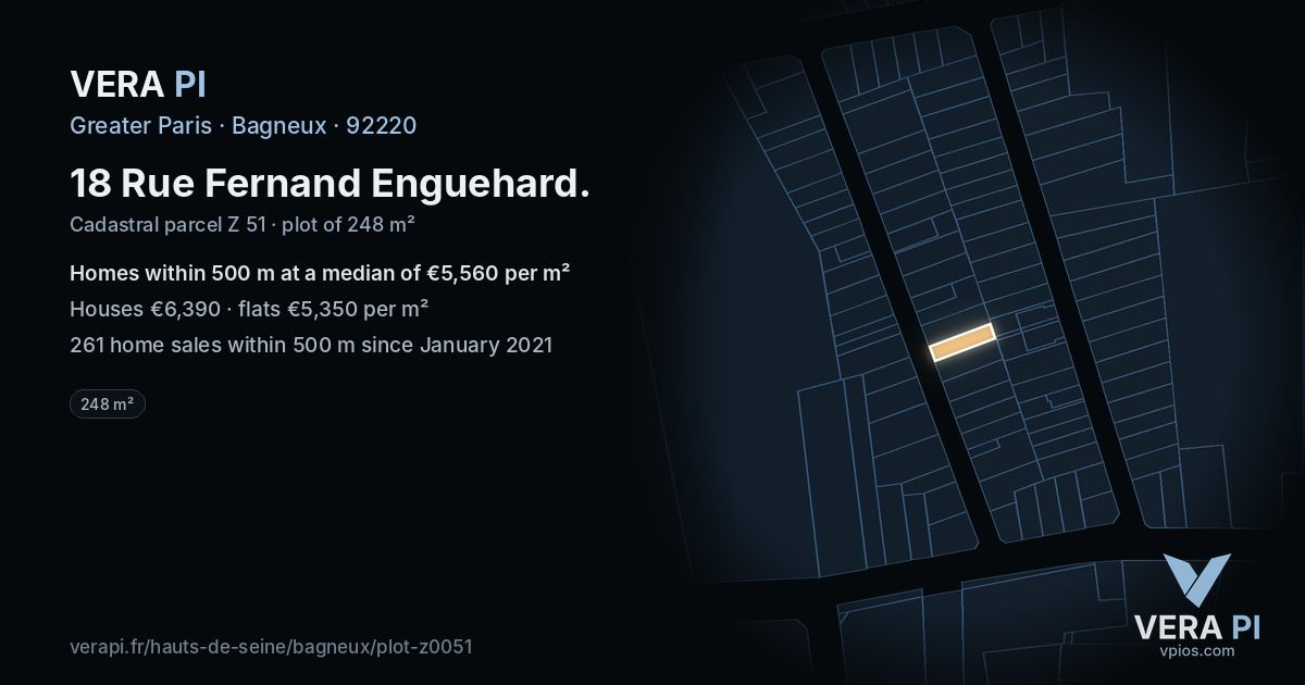 18 Rue Fernand Enguehard, Bagneux at night – the plot lit, the parcels around coloured by the prices near them