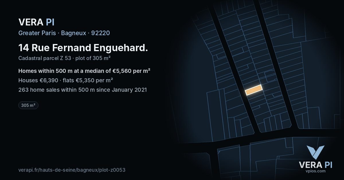 14 Rue Fernand Enguehard, Bagneux at night – the plot lit, the parcels around coloured by the prices near them