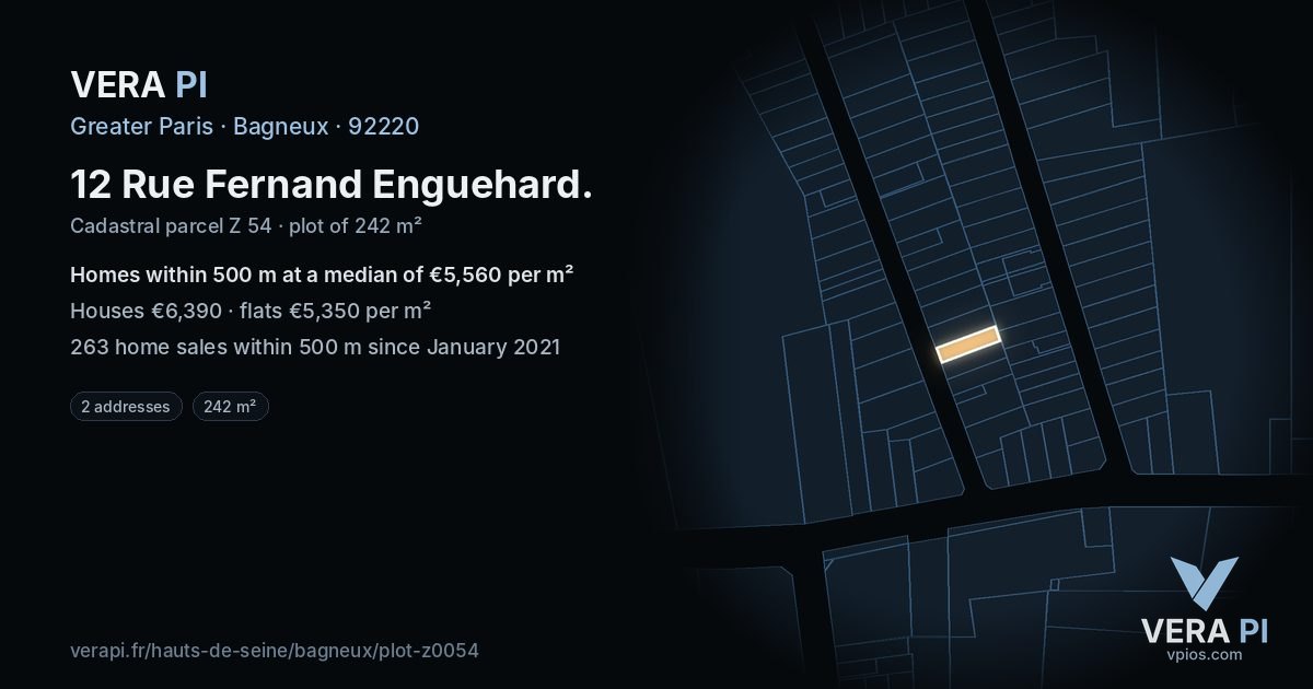 12 Rue Fernand Enguehard, Bagneux at night – the plot lit, the parcels around coloured by the prices near them
