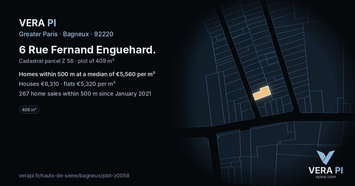6 Rue Fernand Enguehard, Bagneux at night – the plot lit, the parcels around coloured by the prices near them