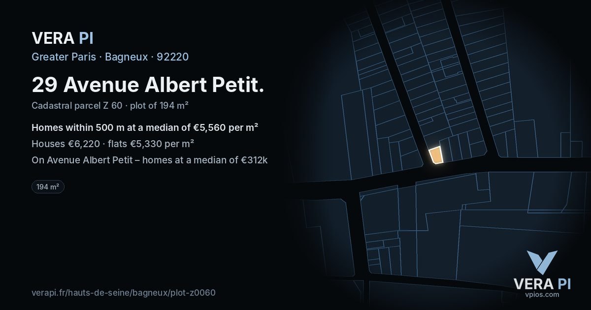 29 Avenue Albert Petit, Bagneux at night – the plot lit, the parcels around coloured by the prices near them