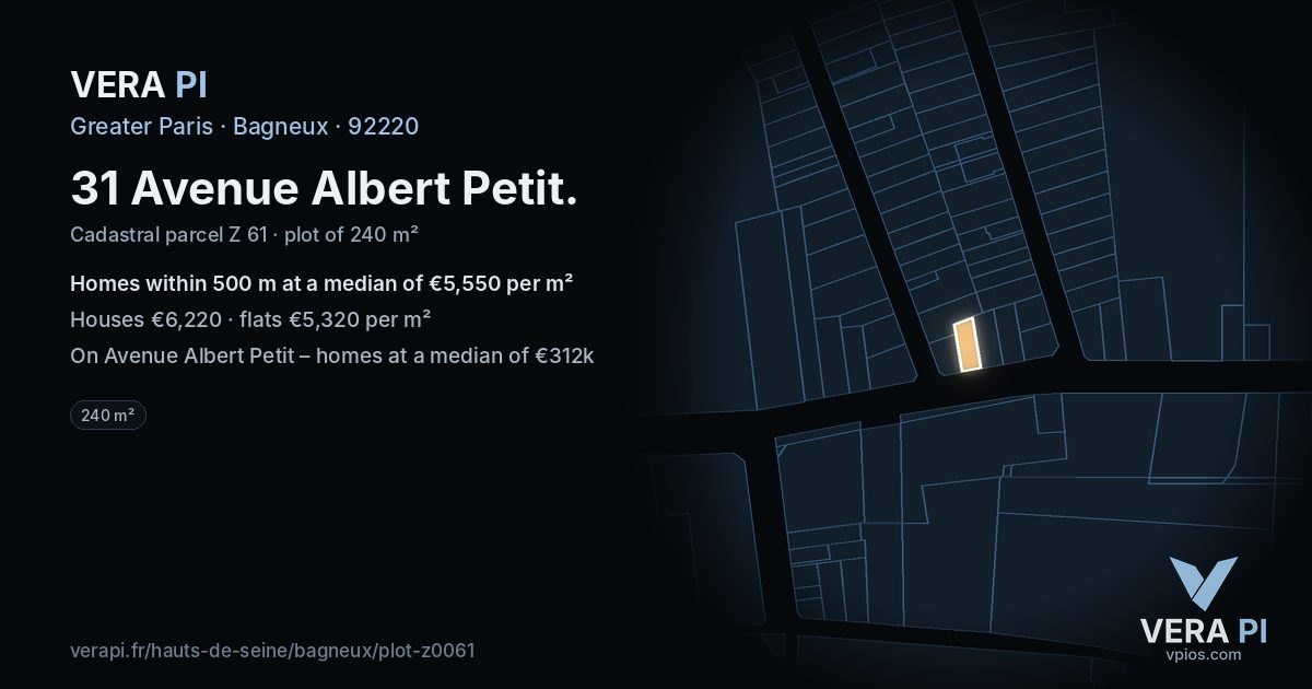 31 Avenue Albert Petit, Bagneux at night – the plot lit, the parcels around coloured by the prices near them