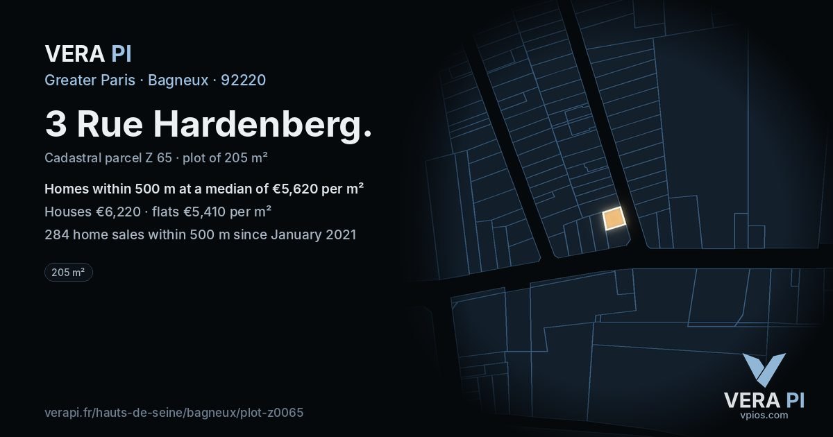 3 Rue Hardenberg, Bagneux at night – the plot lit, the parcels around coloured by the prices near them