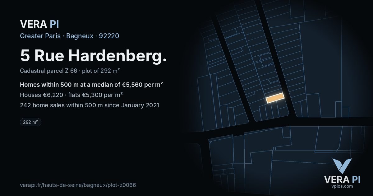 5 Rue Hardenberg, Bagneux at night – the plot lit, the parcels around coloured by the prices near them