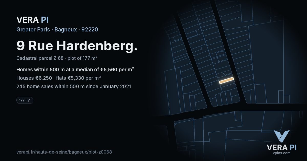 9 Rue Hardenberg, Bagneux at night – the plot lit, the parcels around coloured by the prices near them