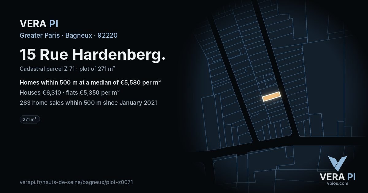 15 Rue Hardenberg, Bagneux at night – the plot lit, the parcels around coloured by the prices near them